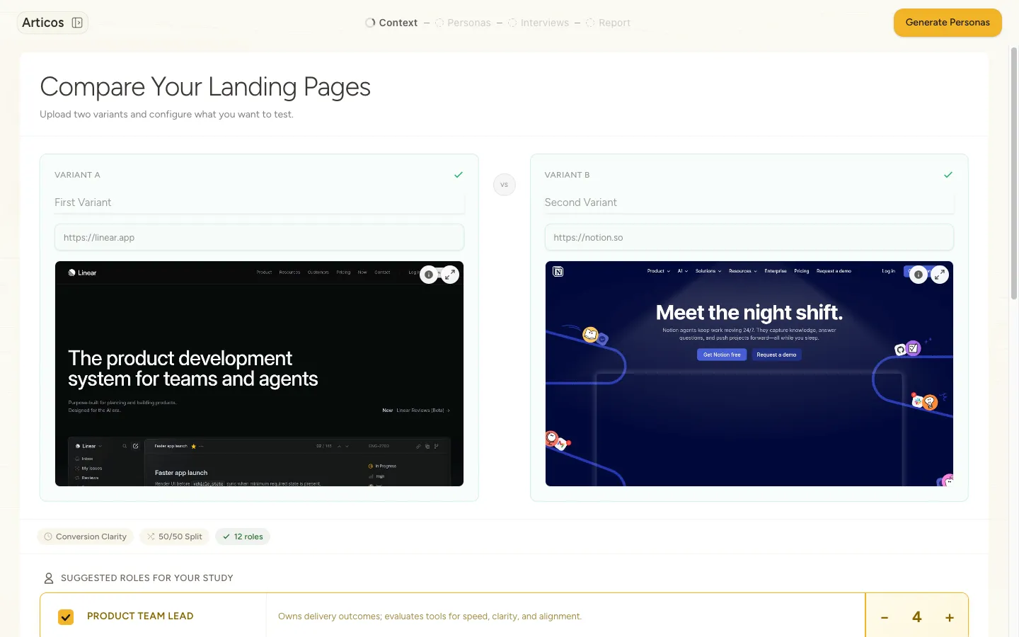 Setting up an A/B study with two real landing pages