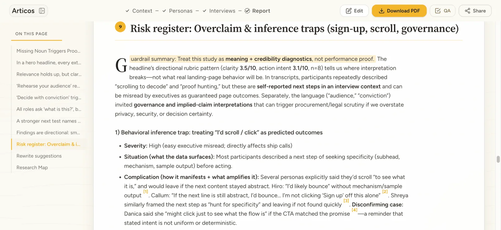Report with claim-level source links and audit panel