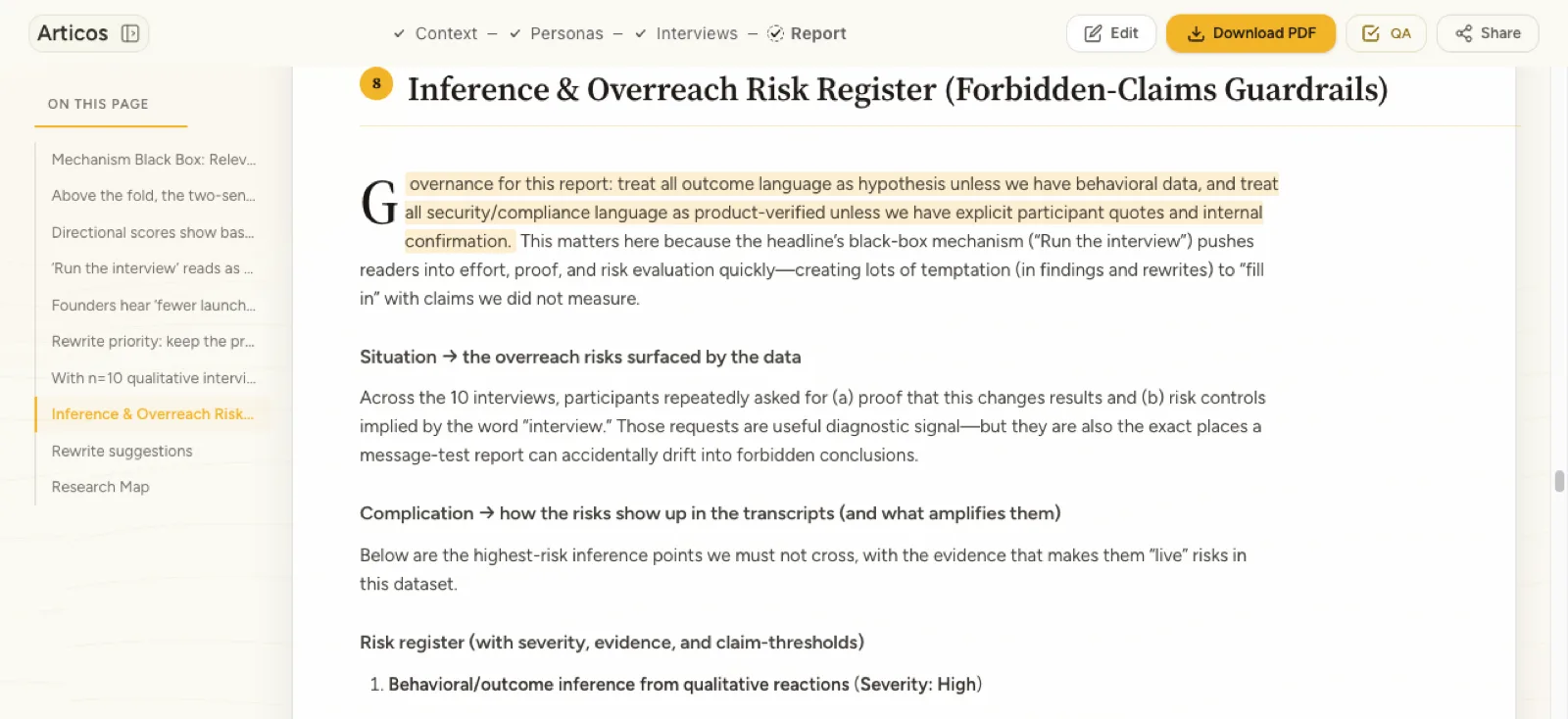 The finished report open on its risk register, the claims the data can&rsquo;t support