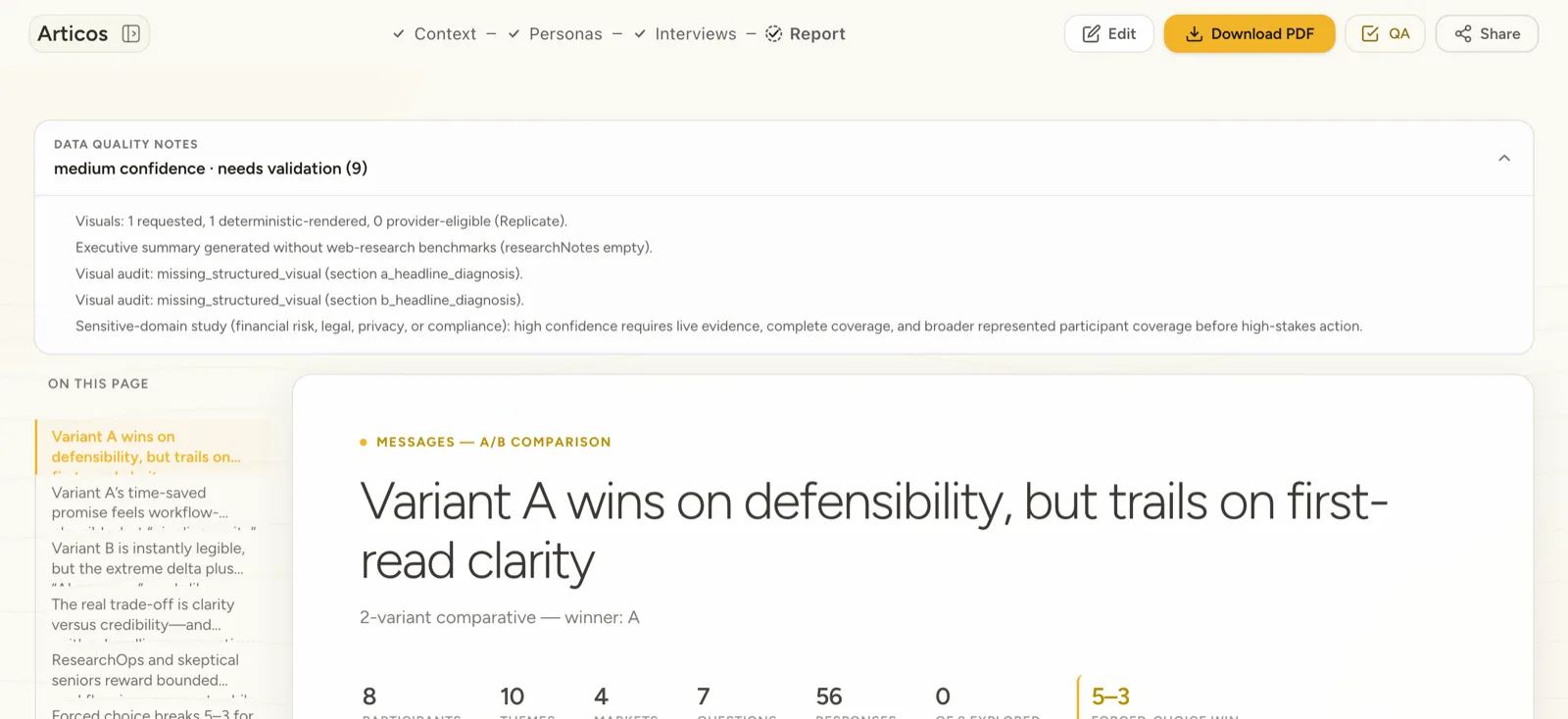 Articos critique-and-repair stage UI showing confidence bands, source pins, and the repair preview