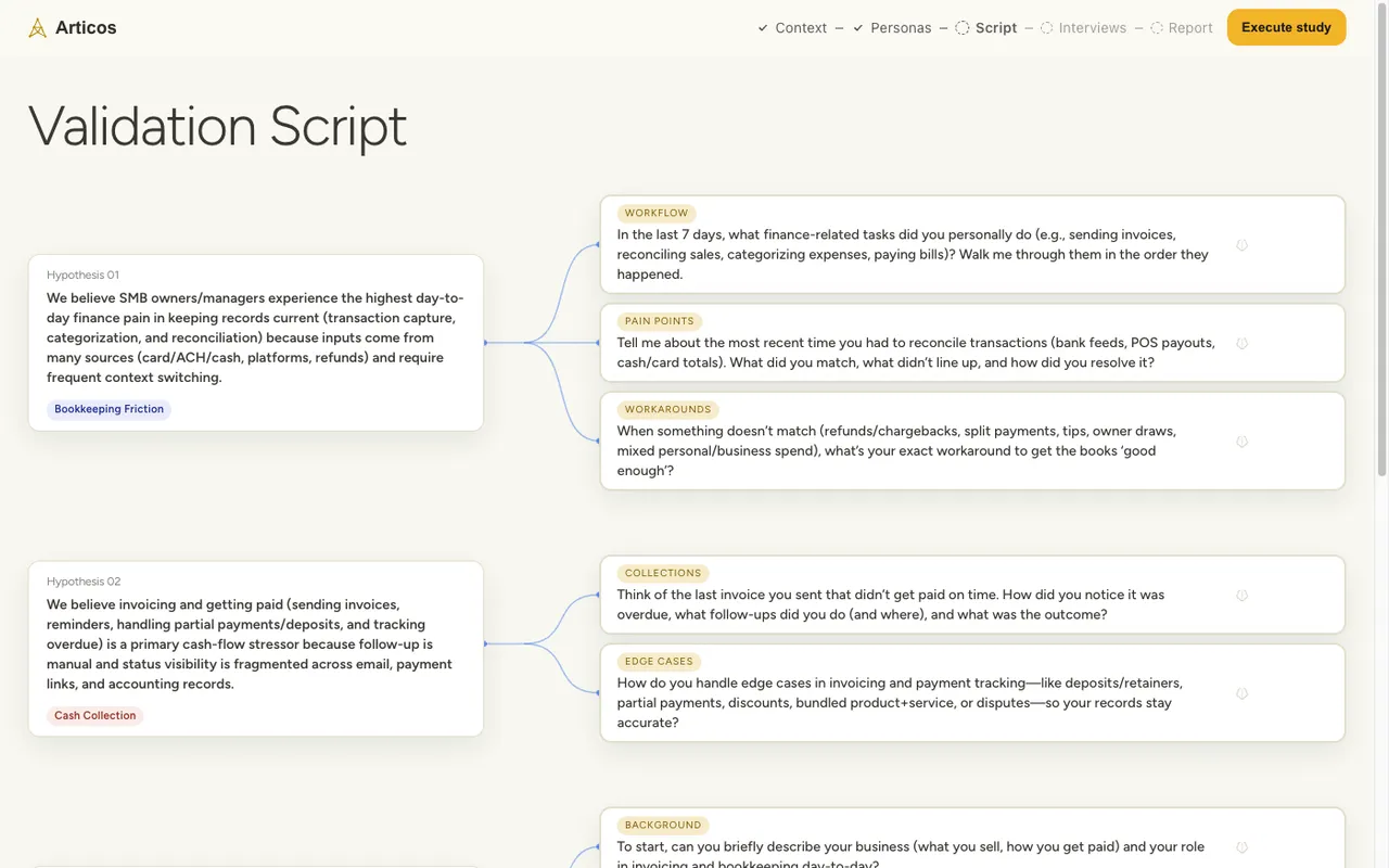 The interview-script screen at desktop width