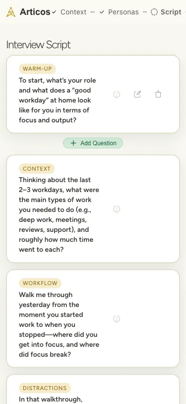 The interview-script screen on a 375px phone