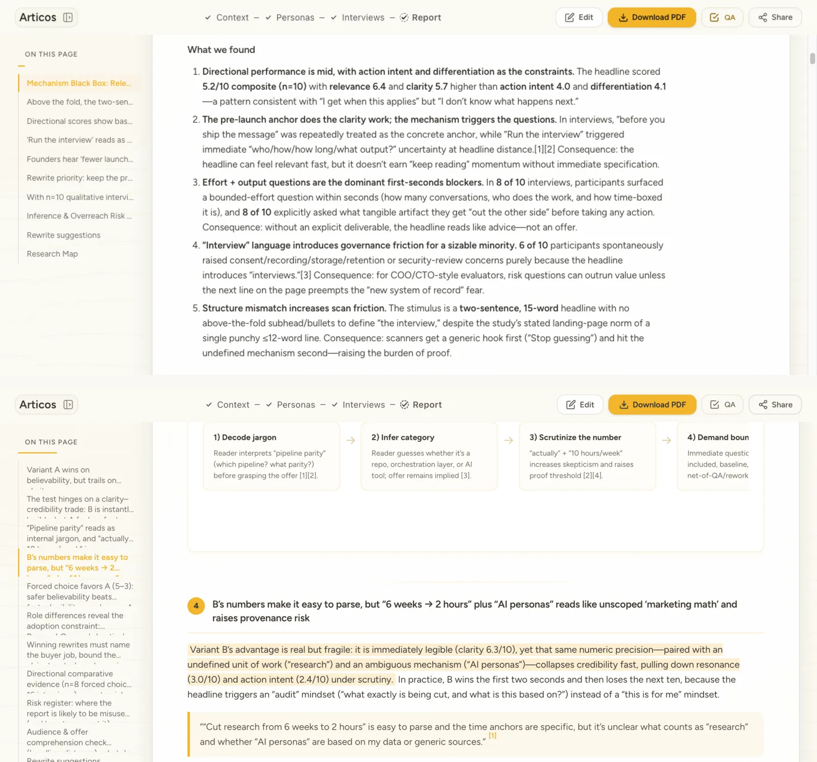 An early Articos report with findings as a bare numbered list, above the shipped report where a claim sits on its source quote