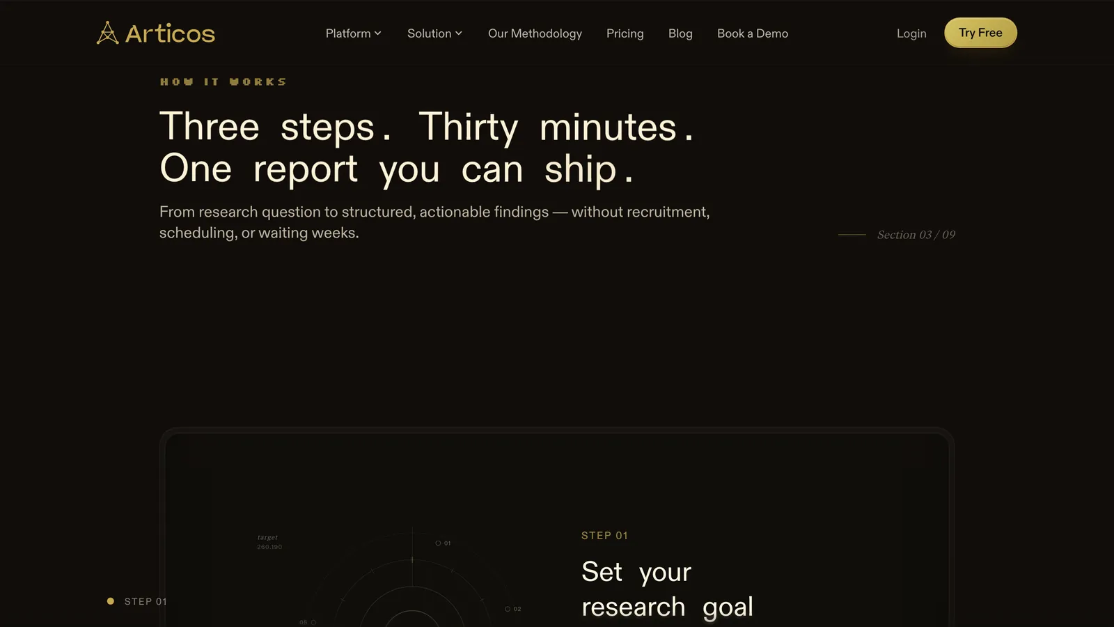 The how-it-works section of articos.com: three steps, thirty minutes, one report you can ship