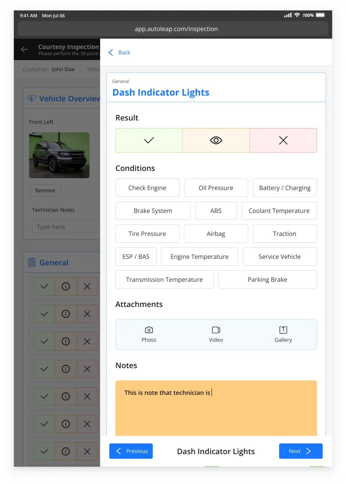DVI inspection item detail with conditions and attachments