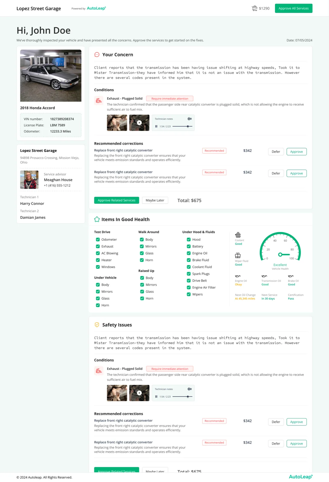 Full customer-facing repair estimate and approval page