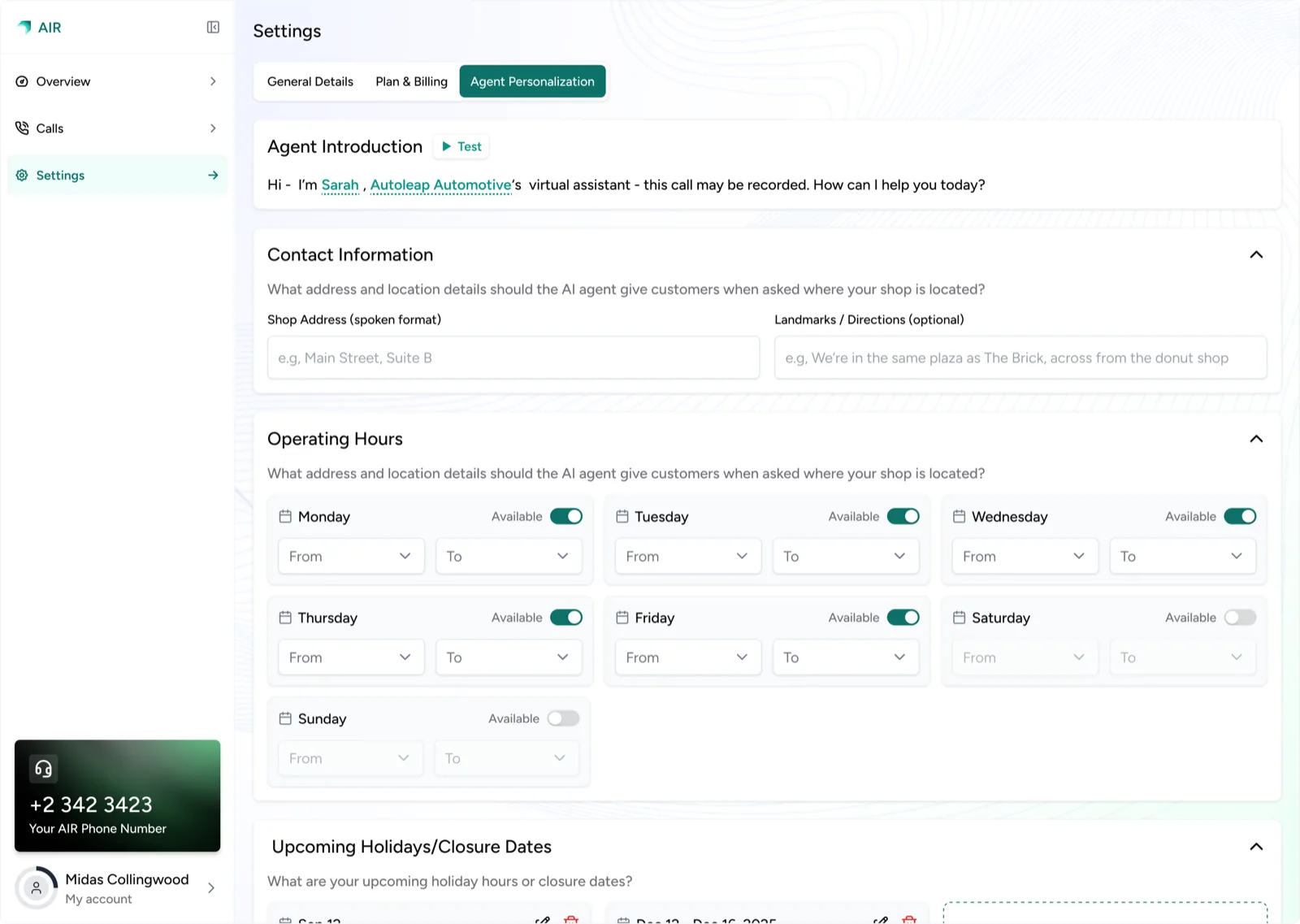 AutoLeap AIR agent settings dashboard