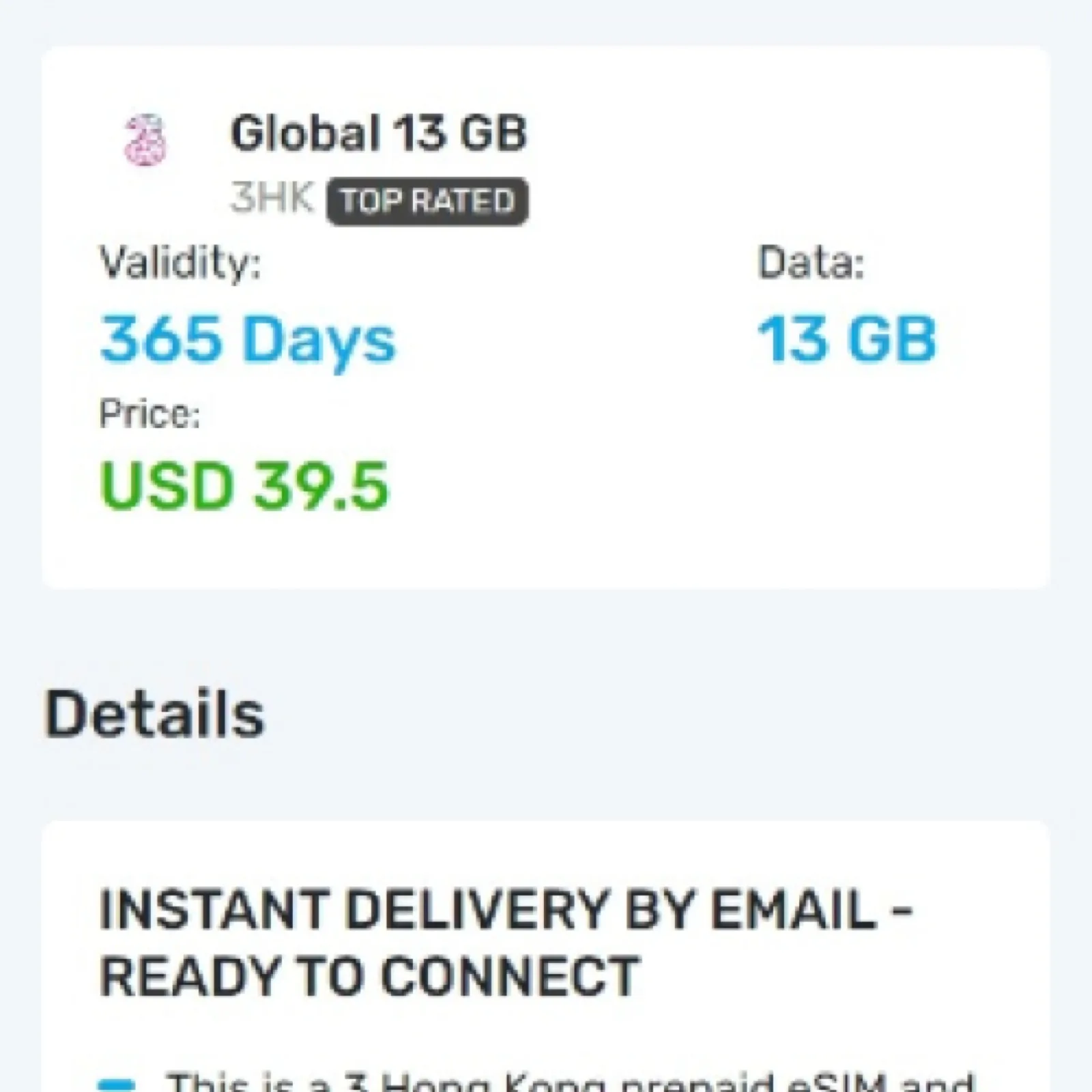 Existing travel eSIM detail page
