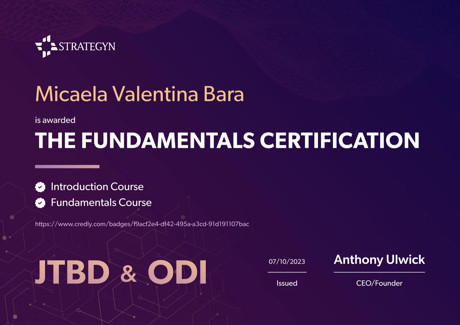 The JTBD & ODI Fundamentals certification learners earn on completing the redesigned c